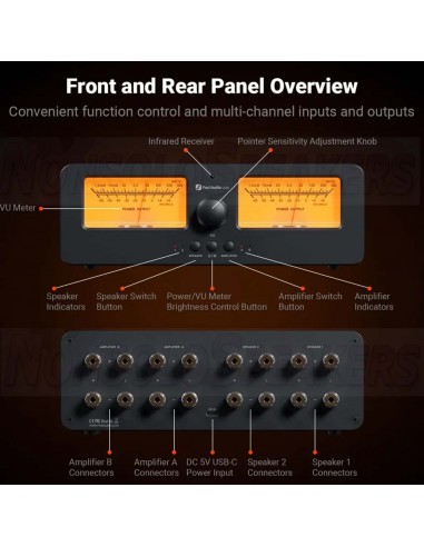 Fosi Audio LC30 Amplifier Speaker Switcher 2-In-2 Out Dual Analog VU Meter - Orange